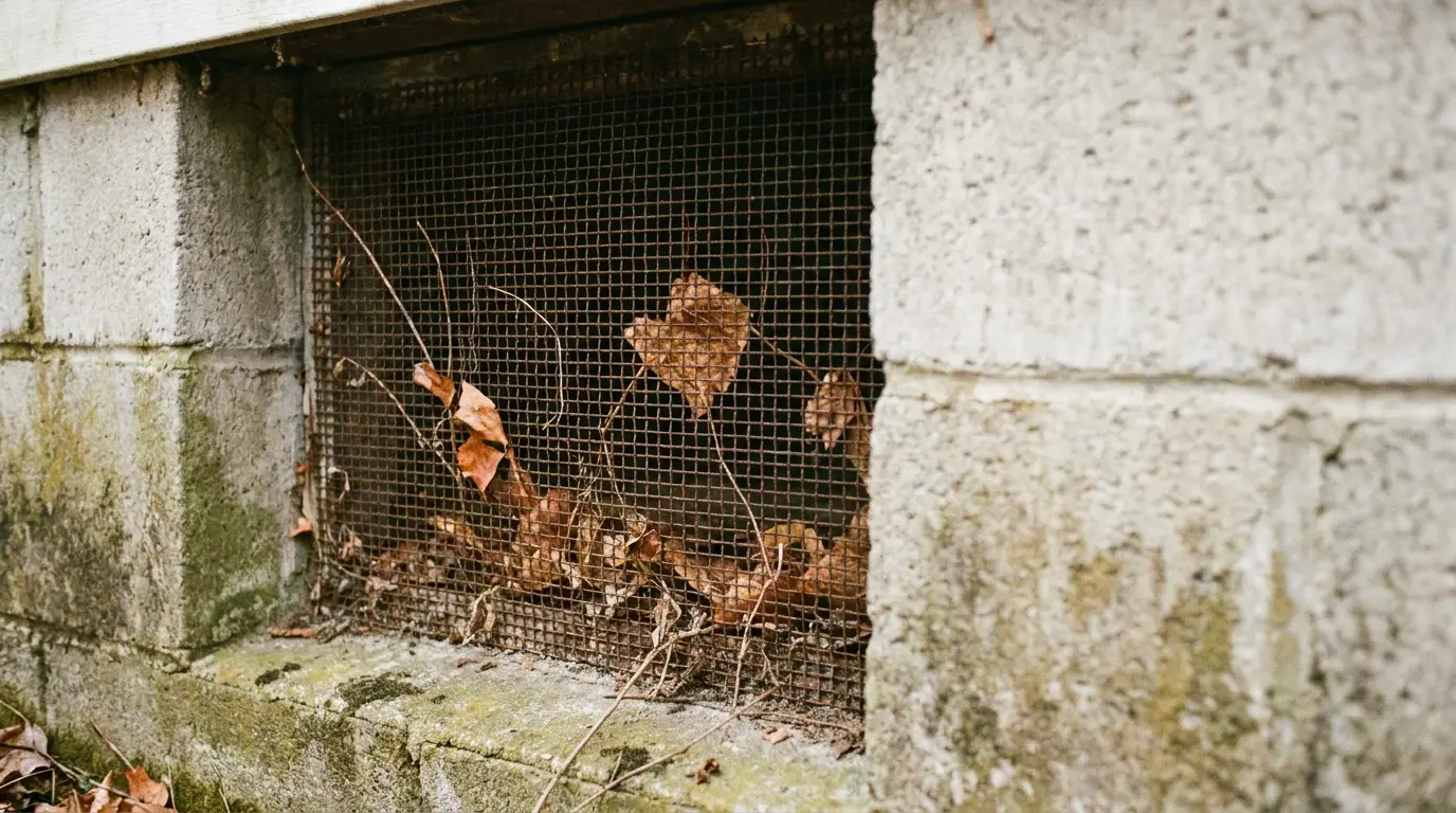 Metal mesh vent in concrete wall with dry leaves caught in it
