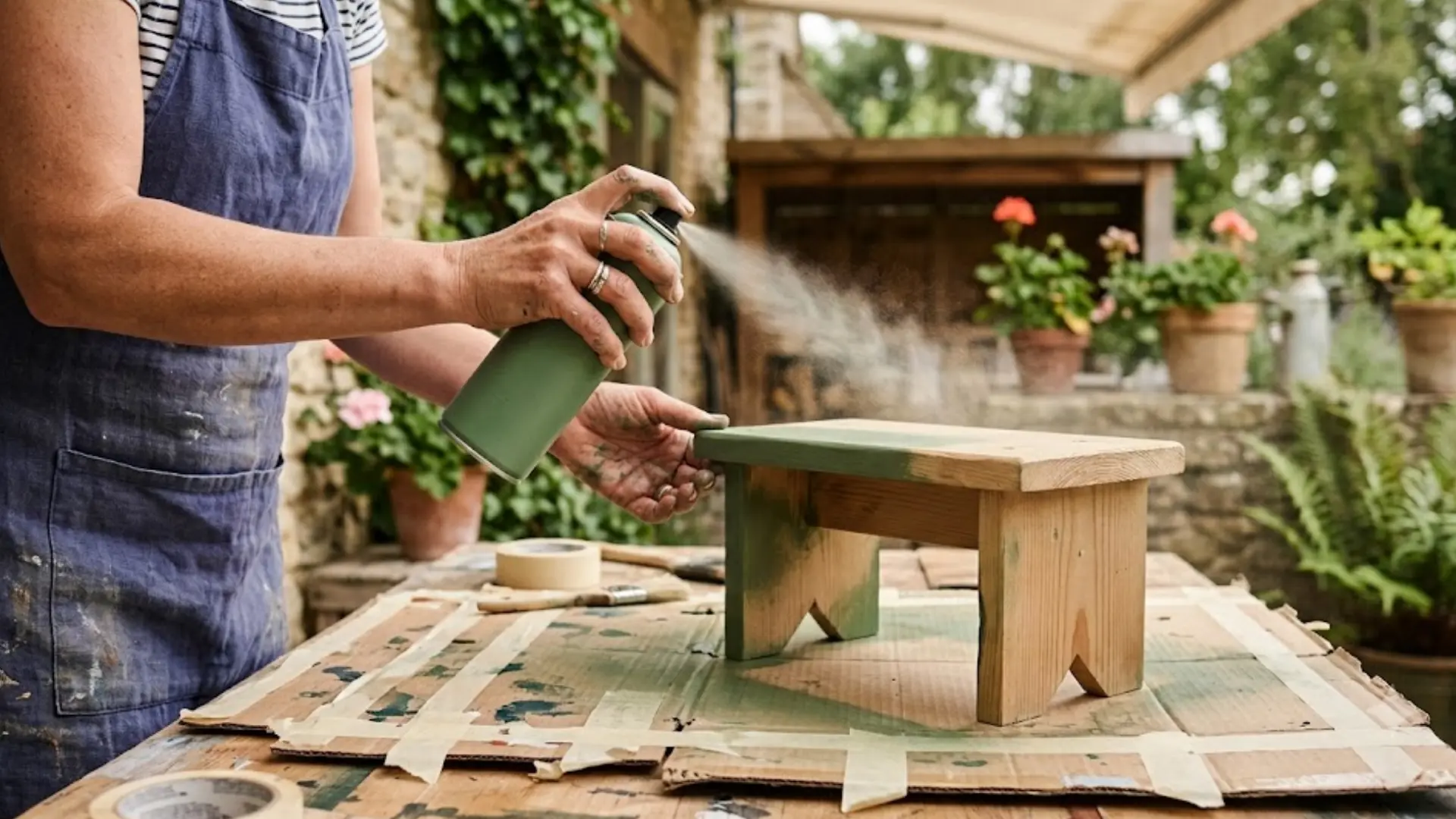 person holding a green spray paint can applying an even coat onto an unfinished wooden stool outdoors on a patio