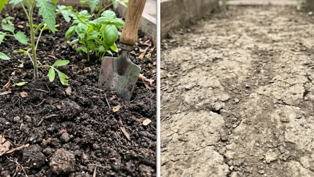 Soil vs Dirt: Sorting Out What Sets Them Apart side-by-side comparison of dark loose soil with seedlings and cracked dry compacted dirt path