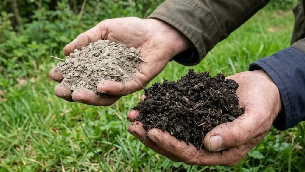 person holding contrasting piles of dry pale dirt and dark crumbly nutrient rich soil