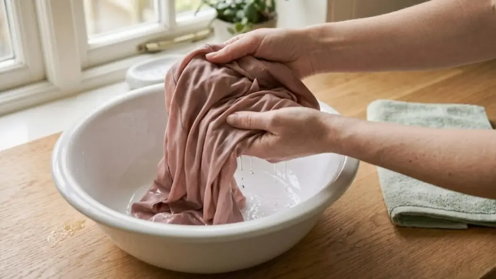a person gently squeezing excess water out