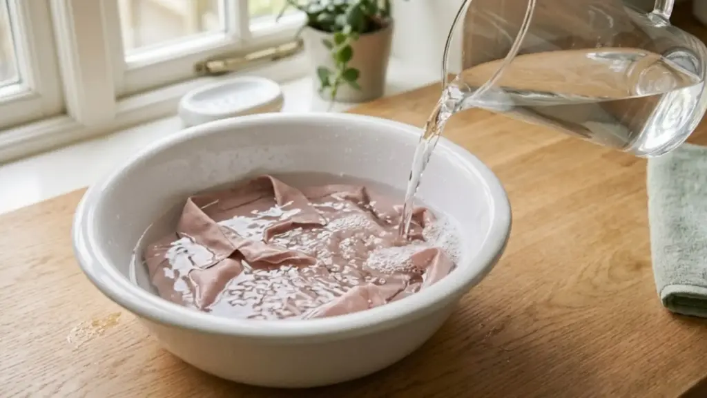 pouring clean water from a jug into a basin to rinse leftover soap out of a silk garment