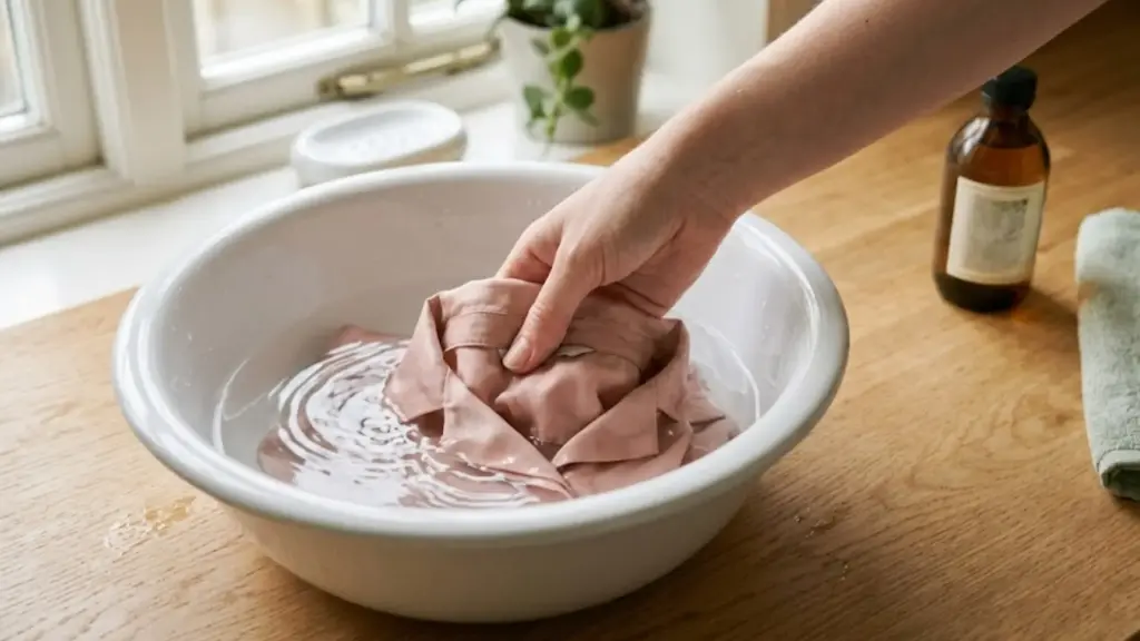 person gently pressing and swishing a pink silk