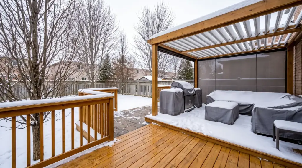 Toronto Winter Backyard Care: How to Protect Your Deck, Patio, and Outdoor Setup Snow-covered patio with wooden pergola and covered outdoor furniture in residential backyard