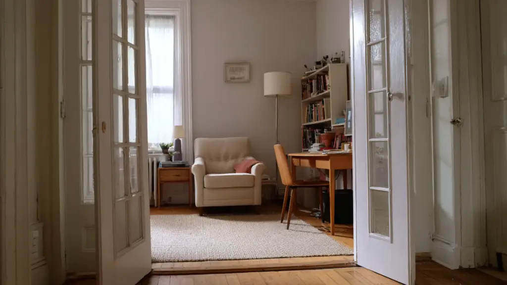 small den seen through open french doors with a cream armchair floor lamp wooden desk bookshelf and woven rug