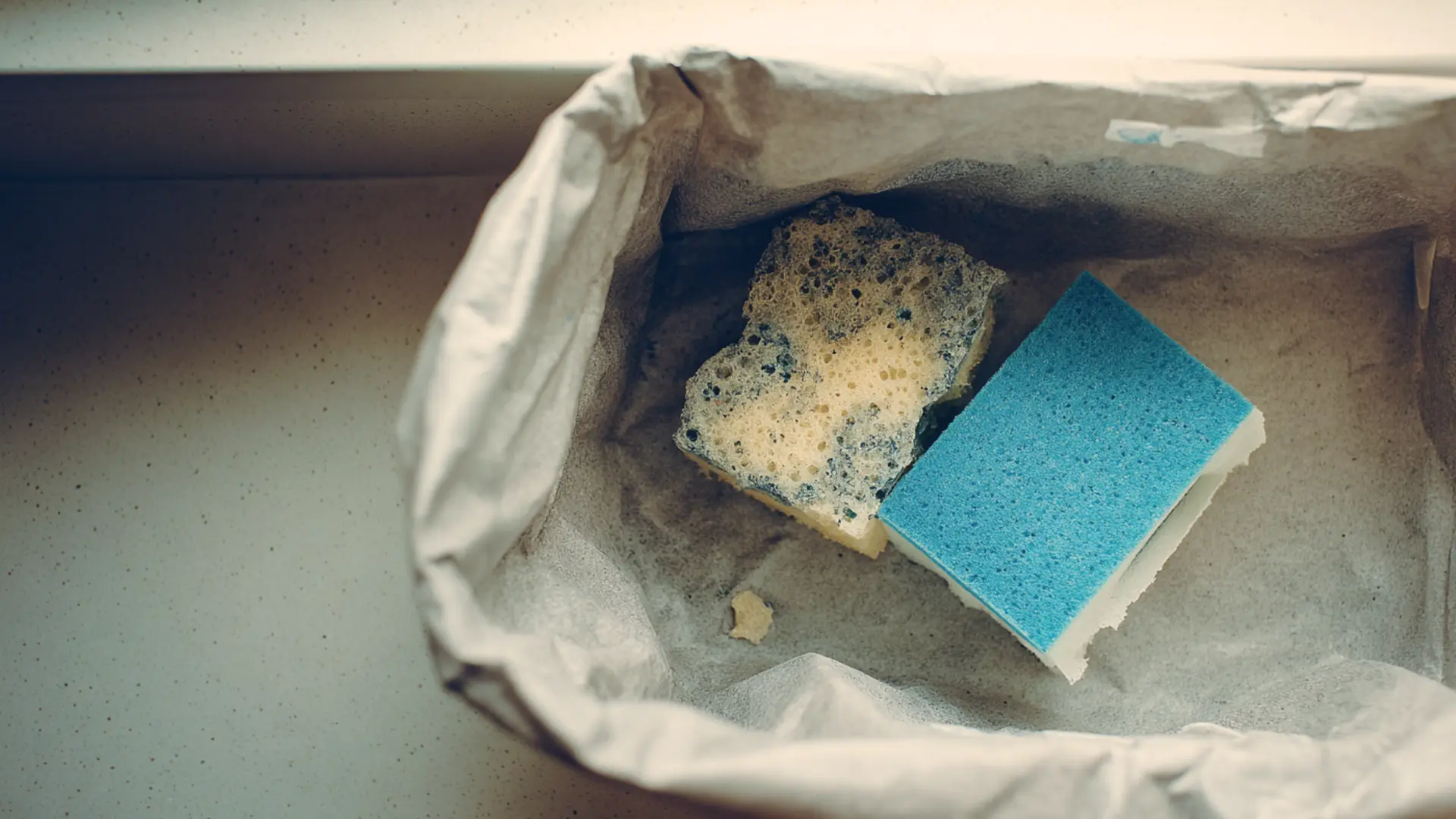 a worn discolored kitchen sponge and a new blue sponge lying together inside a lined rubbish bin
