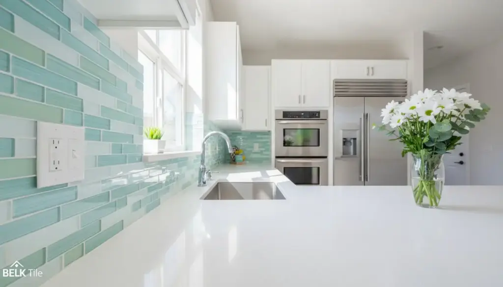 Modern kitchen with stainless steel appliances and sink, turquoise backsplash, white countertops, vase of flowers
