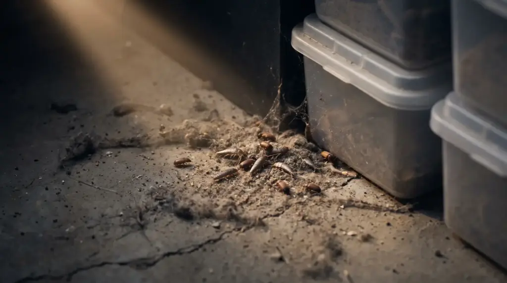 Dusty floor with multiple cockroaches next to plastic storage containers in dimly lit space