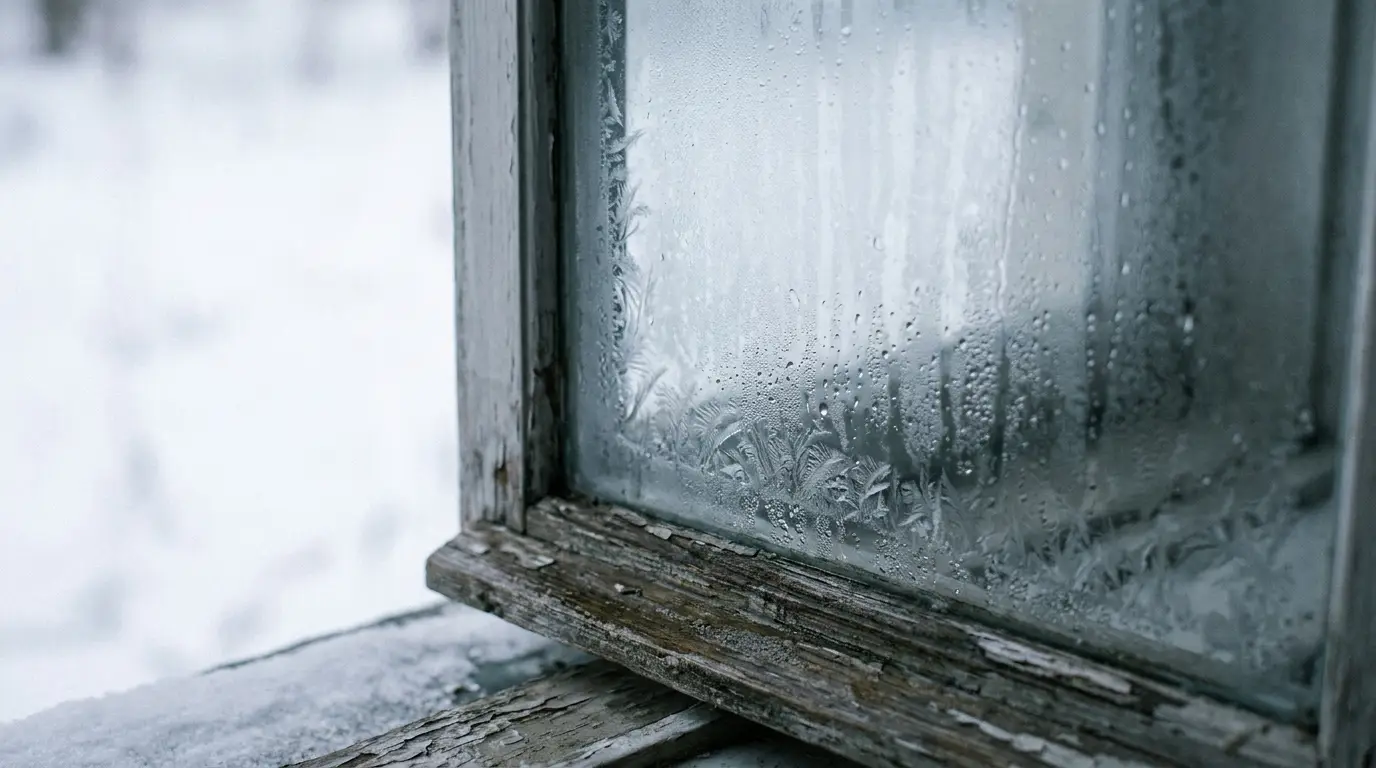 Frost-covered window with wooden frame in snowy outdoor setting