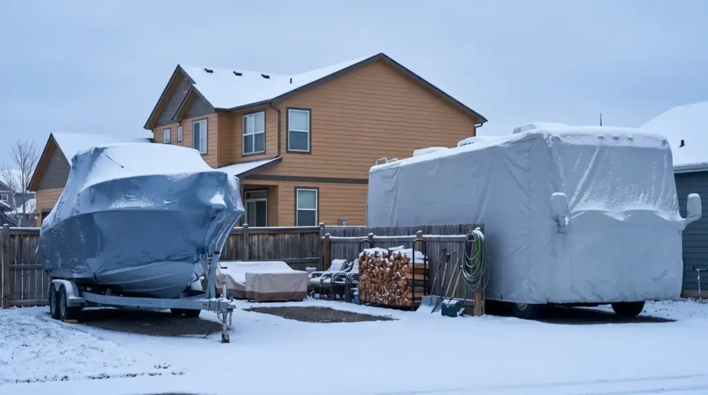Covered boat and RV in snowy suburban backyard with woodpile and shovels against wooden fence