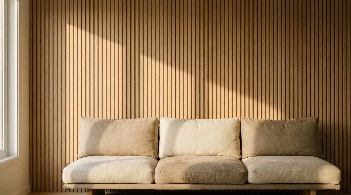 Three-seater beige sofa against vertical wooden slat wall in sunlit room