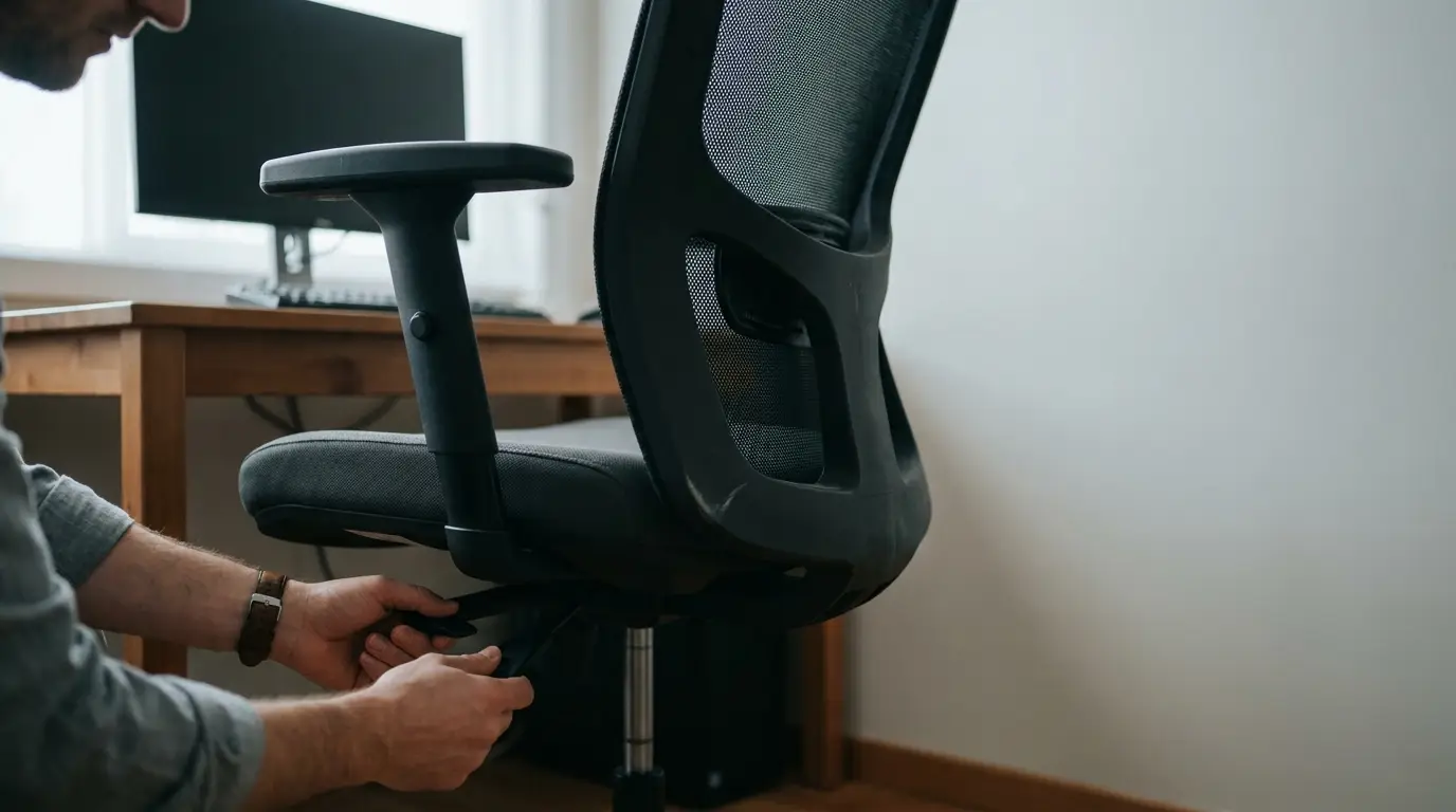 Black ergonomic office chair being adjusted by person in home office setting