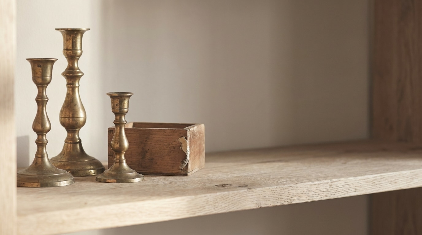 Brass candlesticks and wooden box on rustic wooden shelf in soft lighting