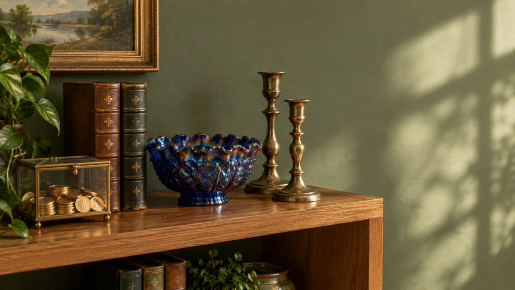 Wooden shelf with vintage books, glass case of coins, blue glass bowl, brass candlesticks, green wall