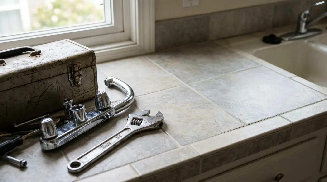 Worn toolbox, wrench and chrome faucet fixture on an apartment countertop during a maintenance repair