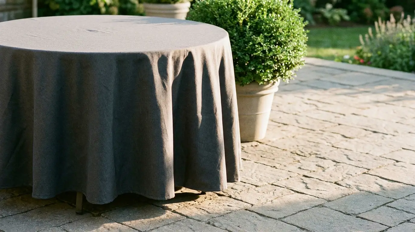 Round table with gray tablecloth on stone patio near potted bushes in sunlight