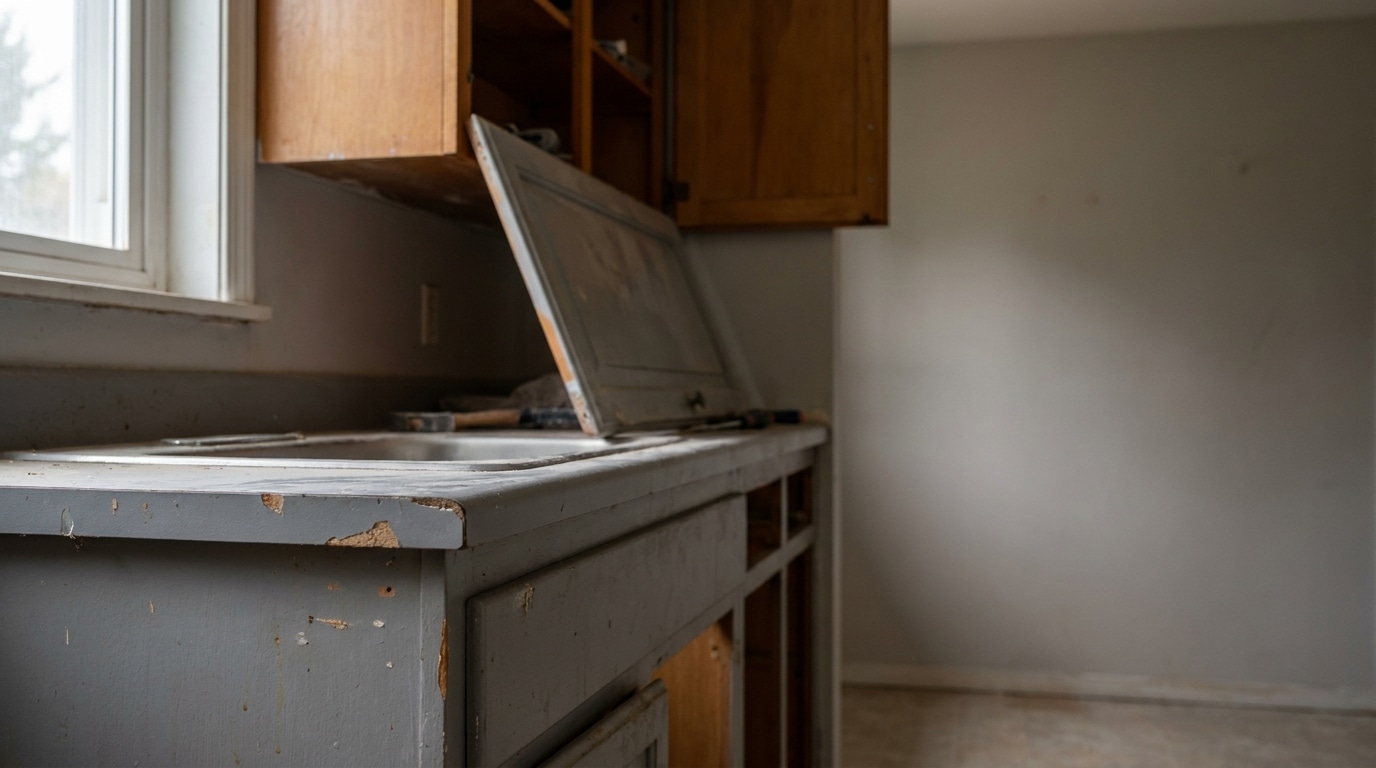 Worn gray kitchen countertop with wooden cabinets in an empty indoor setting