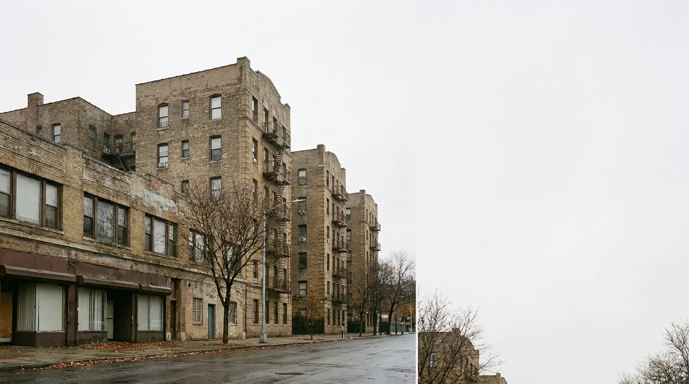 Row of brick mid-rise apartment buildings and a commercial block along a quiet street under overcast sky