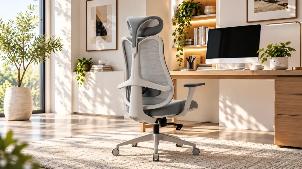 How to Choose the Best Office Chair for Lower Back Pain Ergonomic office chair in modern workspace with large computer monitor and wooden desk under natural light