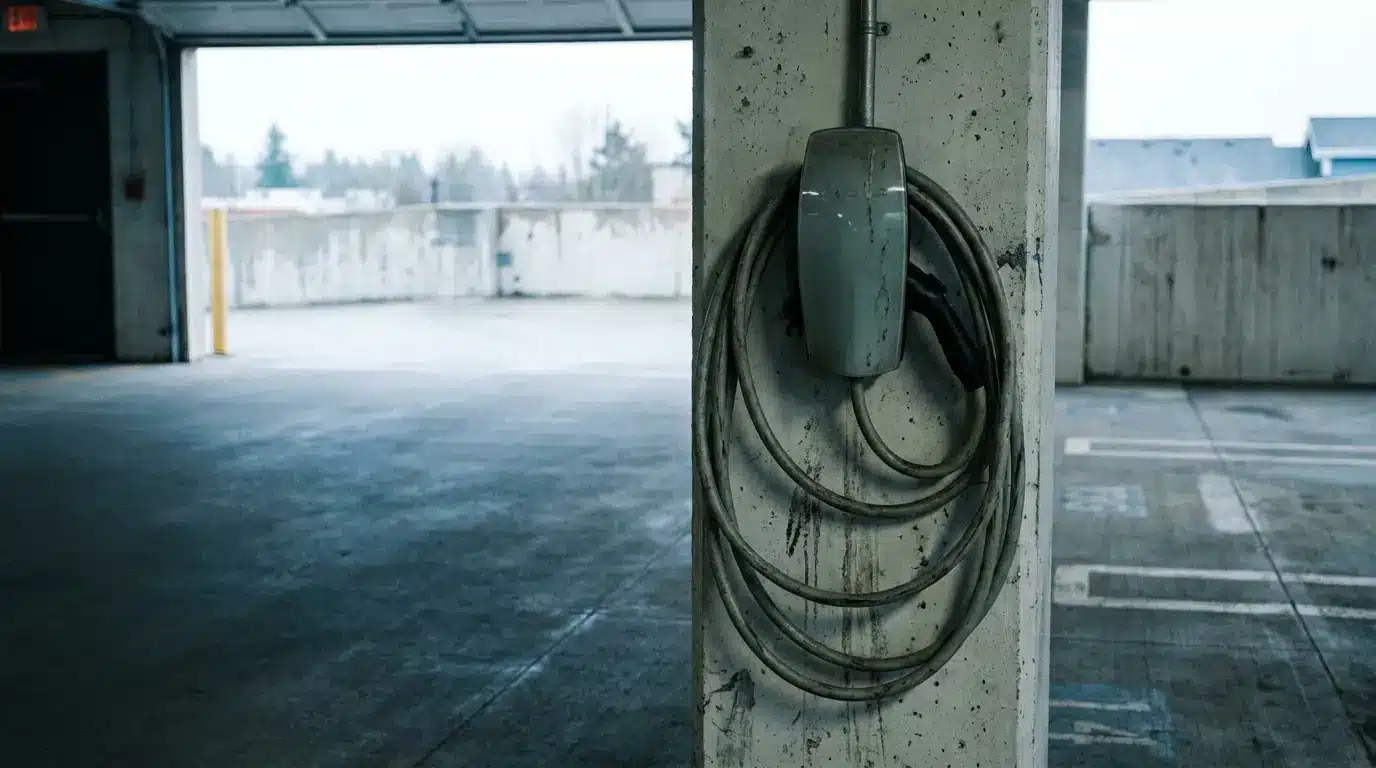 Coiled charging cable hanging on concrete pillar in empty parking garage