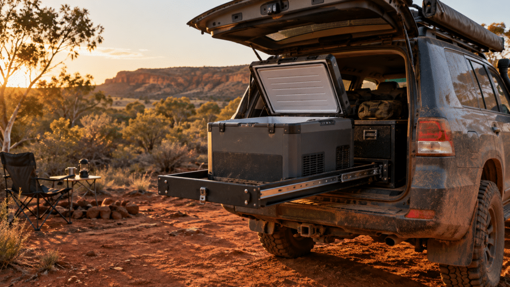 SUV with rear drawer fridge open at sunset in desert campsite with folding chair and table