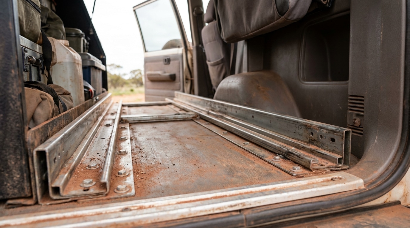 Dusty off-road vehicle interior with open door and metal storage drawer frame