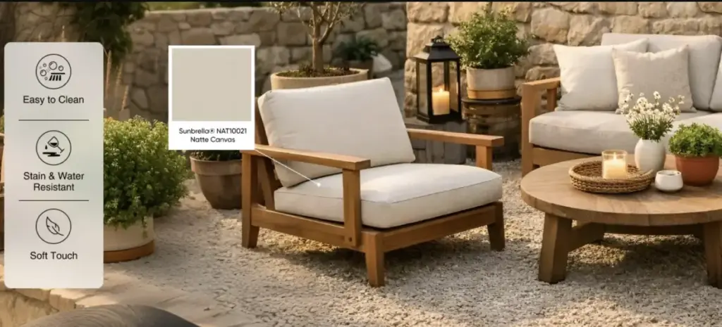 Outdoor patio set with wooden chairs and cushions on gravel with potted plants and lanterns