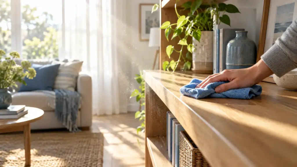 Hand cleaning wooden surface with blue cloth in sunlit living room