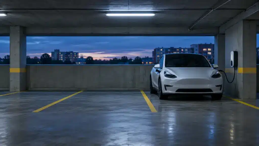 The Parking Spot Clause: What EV Chargers, Guest Vehicles, and Assigned Spaces Mean for Renters White electric car charging in a dimly lit parking garage at dusk