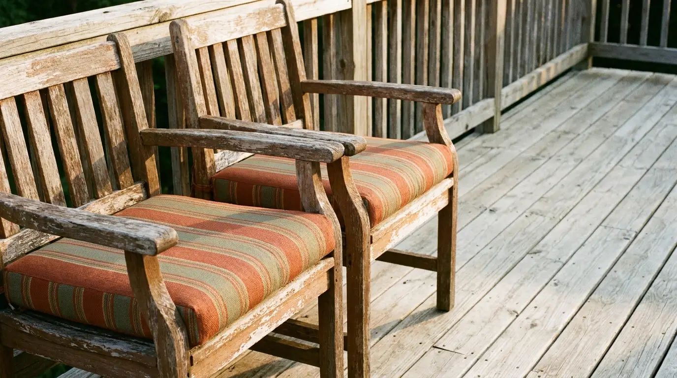 Two wooden patio chairs with striped cushions on a sunlit deck