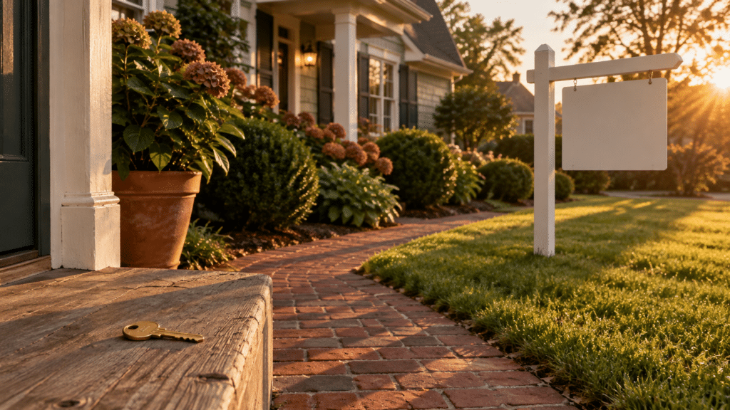 Key on wooden porch near house with brick path and blank white sign in warm sunset light