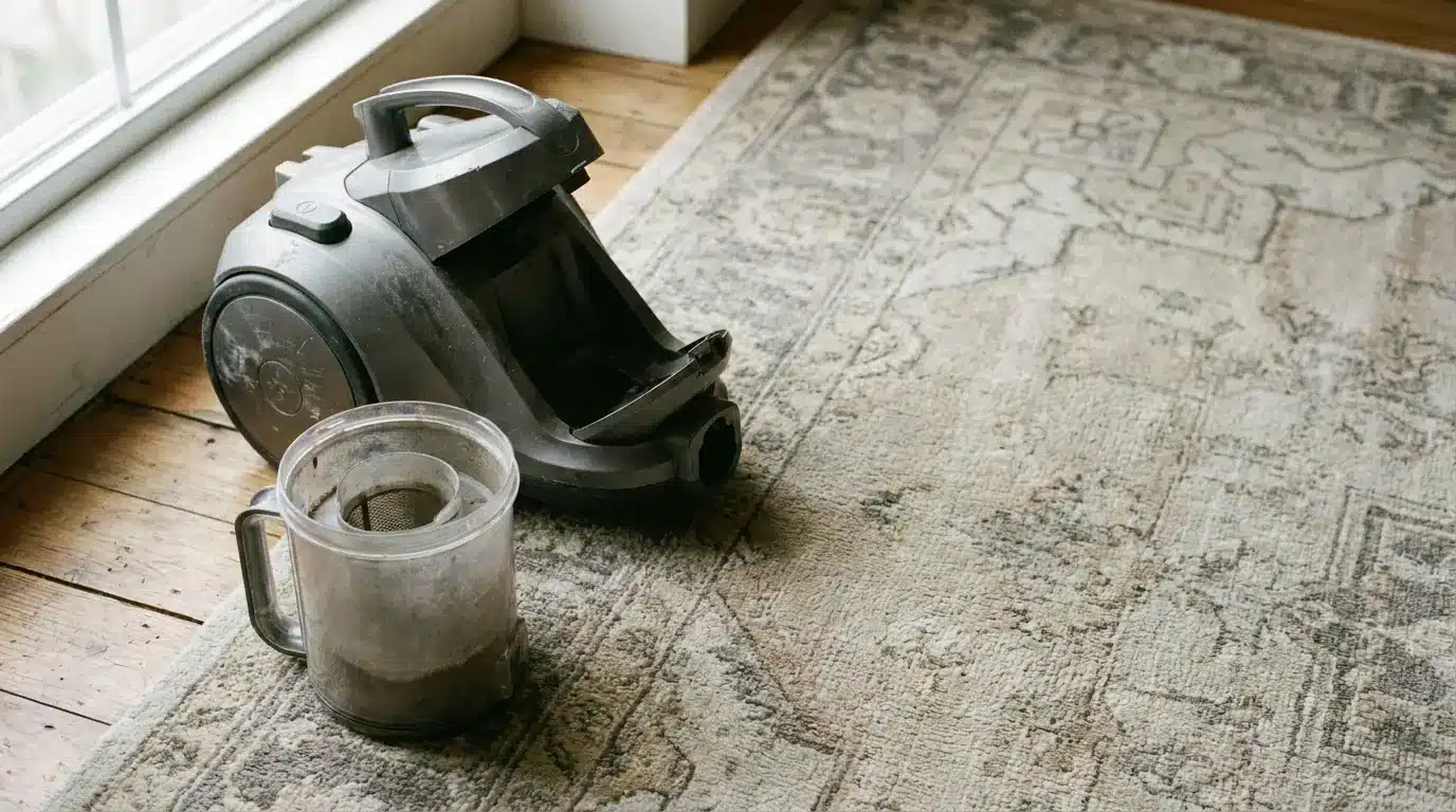 Vacuum cleaner with detached dust container on patterned rug near window